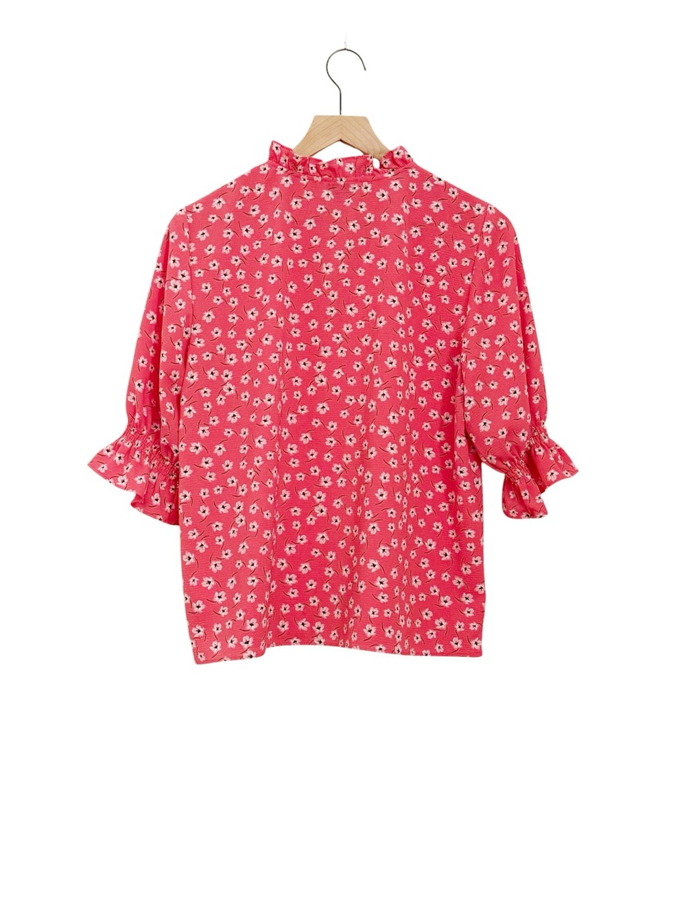 CeCe Coral Floral Ruffle Neck Blouse Tie Front Elbow Sleeve Blouse - Picture 3 of 9